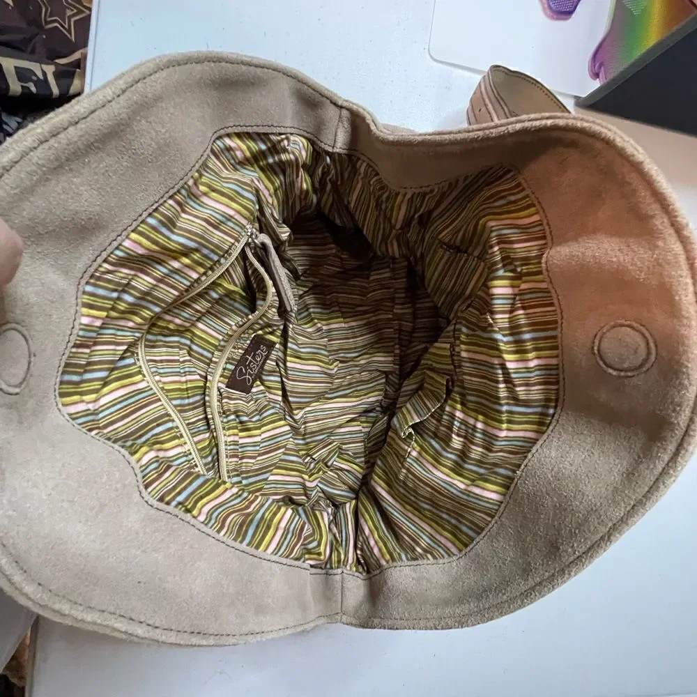 Longaberger Fold Over Hobo Handbag Purse Suede Leather Taupe Sisters